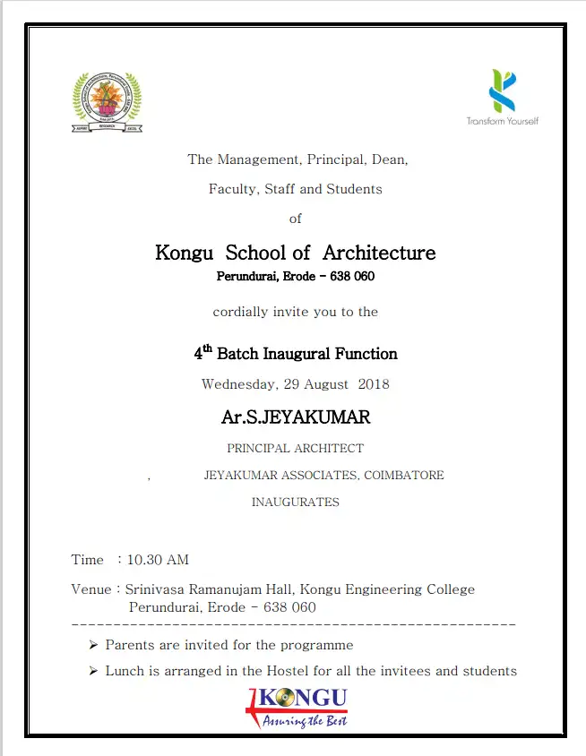 Kongu Inaugural function certificate